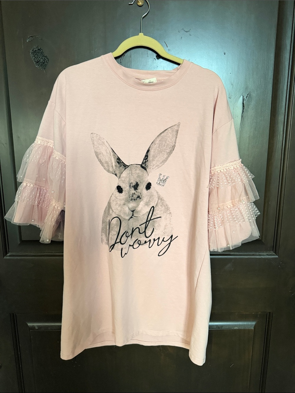 Pink Bunny Graphic Tee with Tulle Ruffle Sleeves Large